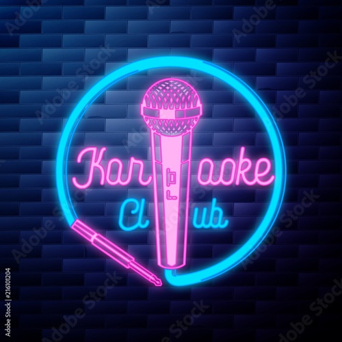 Vintage karaoke emblem glowing neon