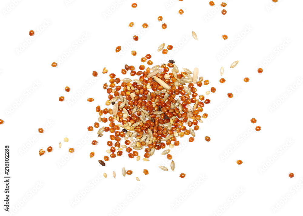 Mixed bird seed, millet pile isolated on white background, top view Mixed bird seed, millet pile isolated on white background, top view