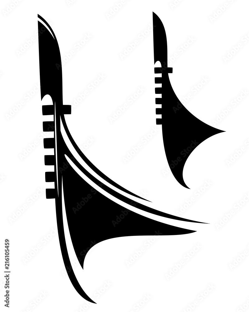 venetian gondola boat black vector outline and silhouette - obrazy, fototapety, plakaty 