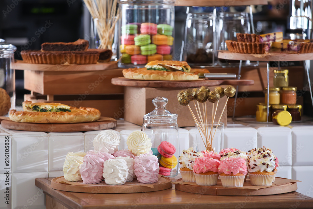 Assortment of delicious pastries and sweets in shop Assortment of delicious pastries and sweets in shop