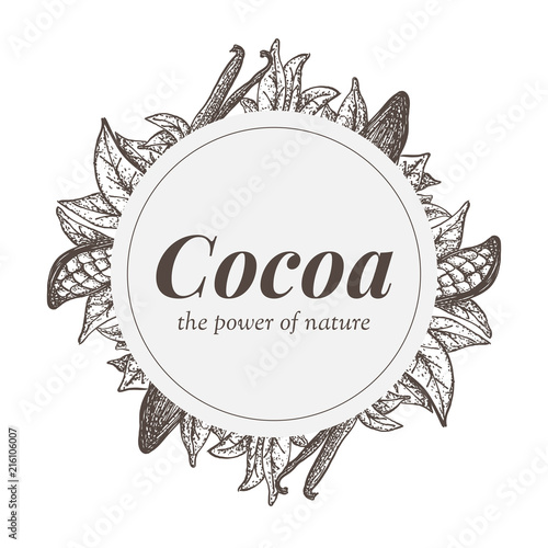 Cocoa wreath with outline hand drawn beans and foliage