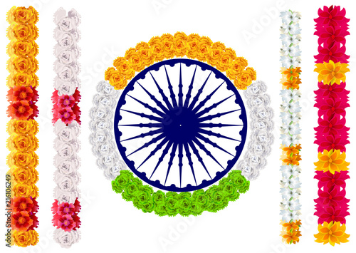 Indian flower garland mala. India flag and ashoka chakra