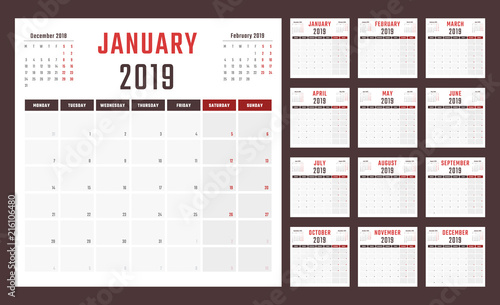 2019 year calendar, calendar design for 2019 starts monday