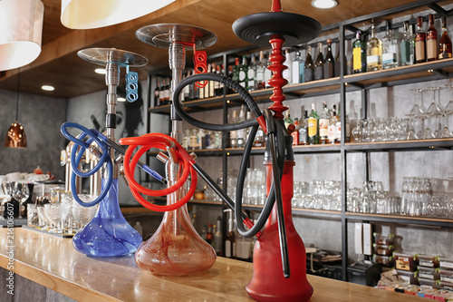 Hookahs on counter in bar