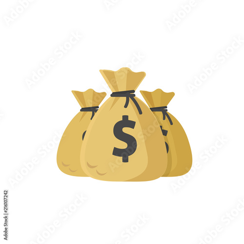 Money bags vector icon illustration, flat cartoon bags or dollar cash, idea of big grant or credit, success wealth or financial income, earnings profit isolated