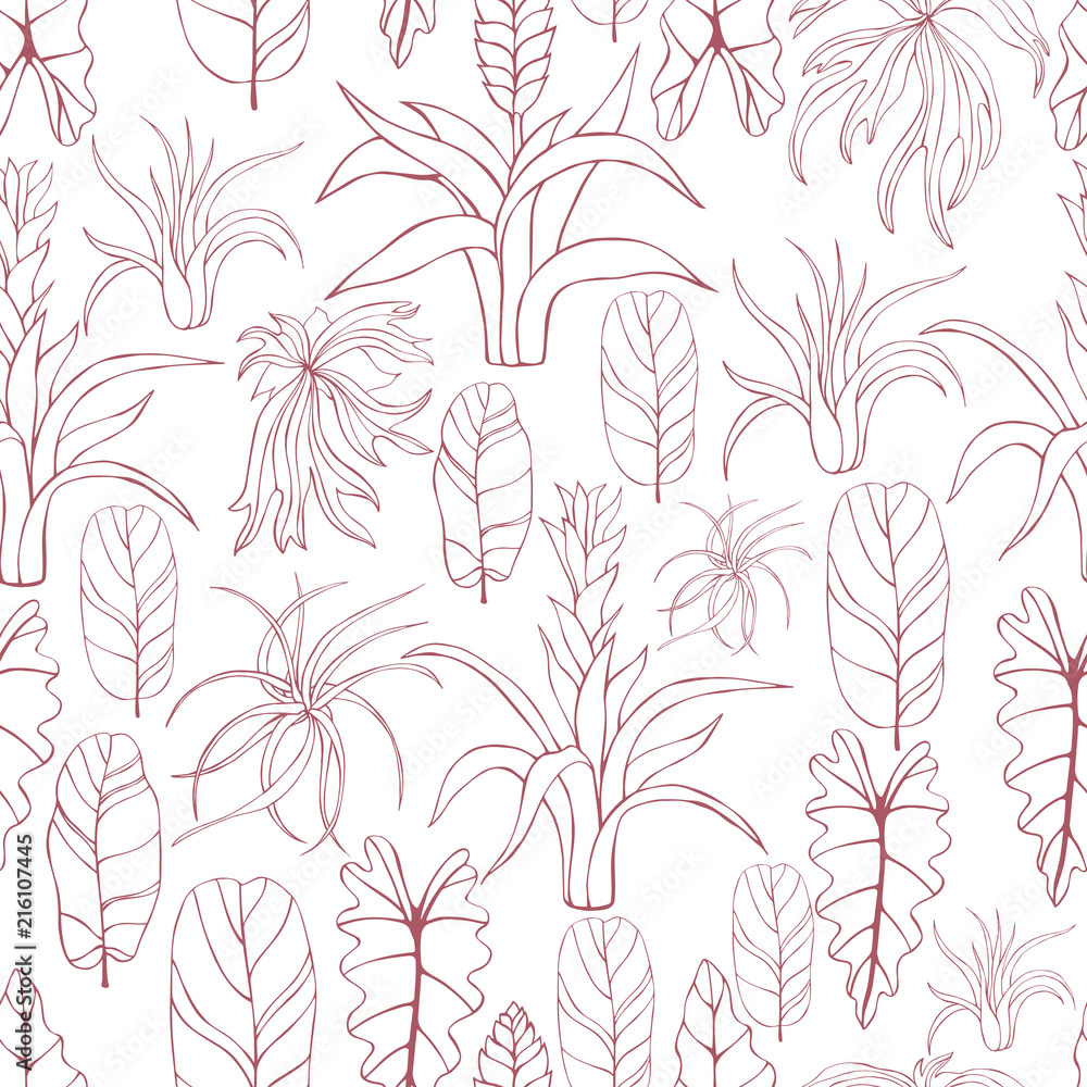 Hand drawn tropical plants. Leaves and flowers.Vector seamless pattern Hand drawn tropical plants. Leaves and flowers.Vector seamless pattern