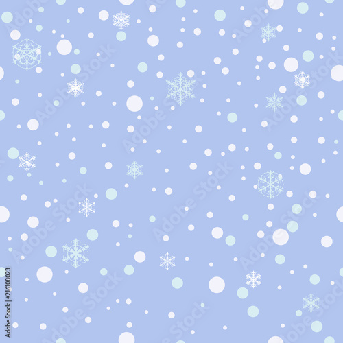 Seamless pattern. Falling snow, snowflakes background. Blue. Vector.