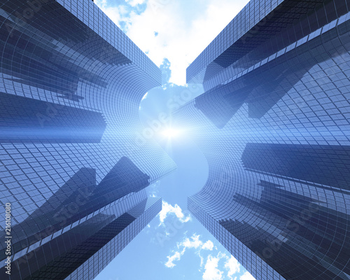 skyscrapers with a dollar shape against the clouds  view from below  banner. 3D illustration