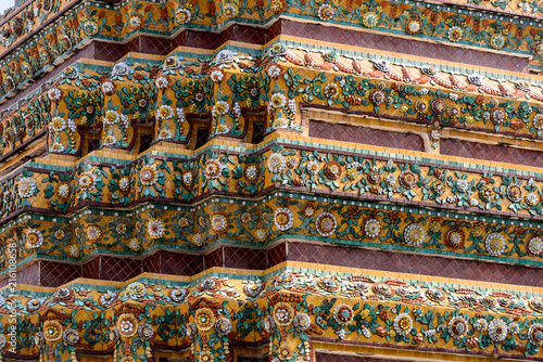 Close up beauitful mosaic tiles of large stupas in Wat Pho or Wat Phra Chetuphon Vimolmangklararm Rajwaramahaviharn is one of Bangkok s oldest temples  THAILAND