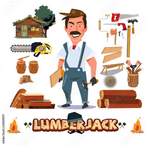 Lumberjack or carpenter character design with equipments and tools. typographic design for header - vector