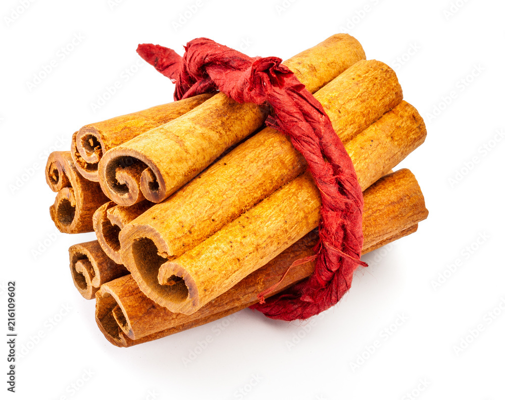 Bunch of cinnamon on branch delicately tied with red rope insolated on white background Bunch of cinnamon on branch delicately tied with red rope insolated on white background