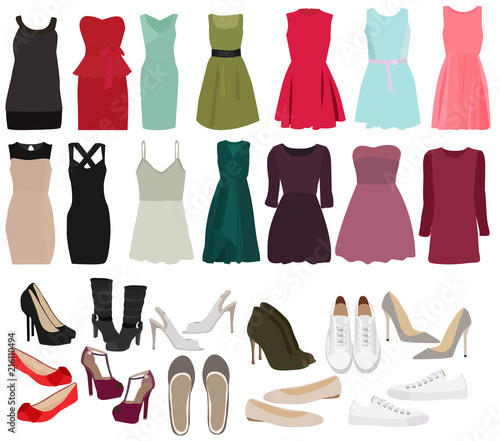 vector, isolated, set of women fashion clothes