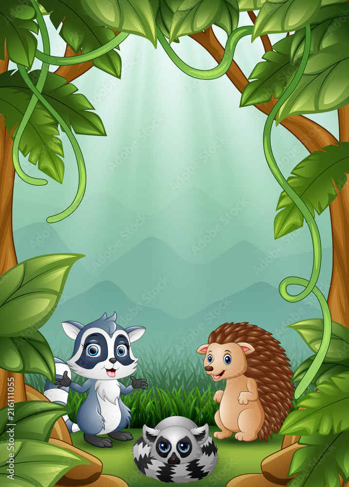Obraz premium The little hedgehogs and raccoons are happy in the forest