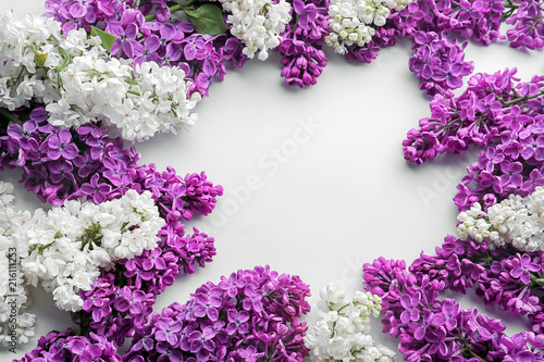 Frame made of blossoming lilac on white background