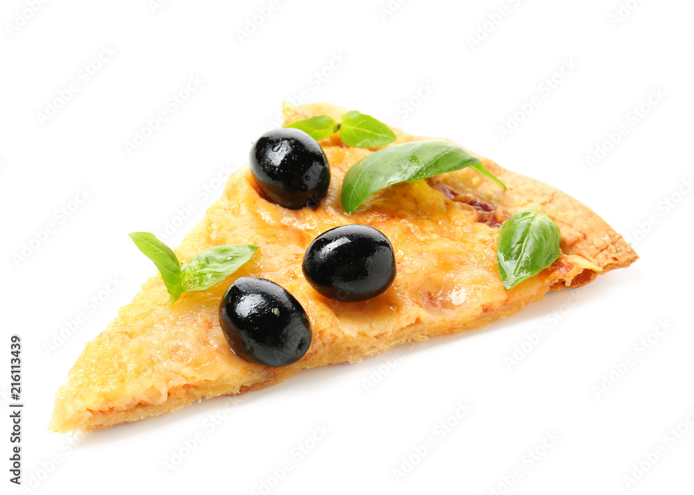 Slice of tasty pizza with olives on white background Slice of tasty pizza with olives on white background