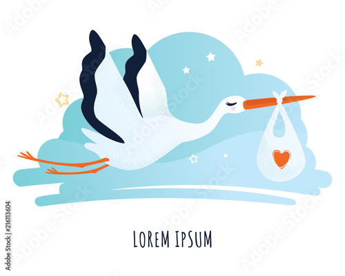 Vector illustration of a stork carrying a baby in a bag