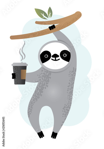 Cute vector sloth bear animal with coffee 