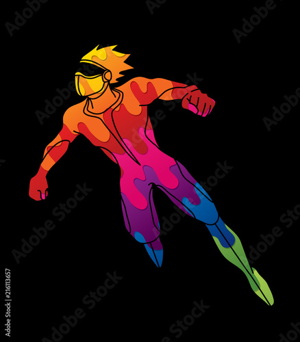 Superhero flying action, Cartoon superhero man jumping graphic vector.