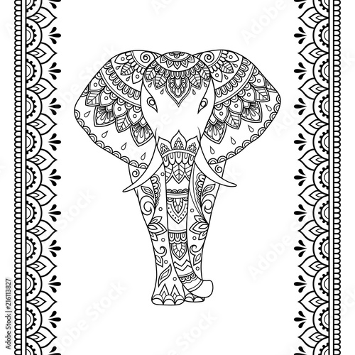 Set of Mehndi African elephant with ethnic floral vintage pattern and seamless border for Henna drawing and tattoo. Hand drawn decorative doodle animal in oriental, Indian style.