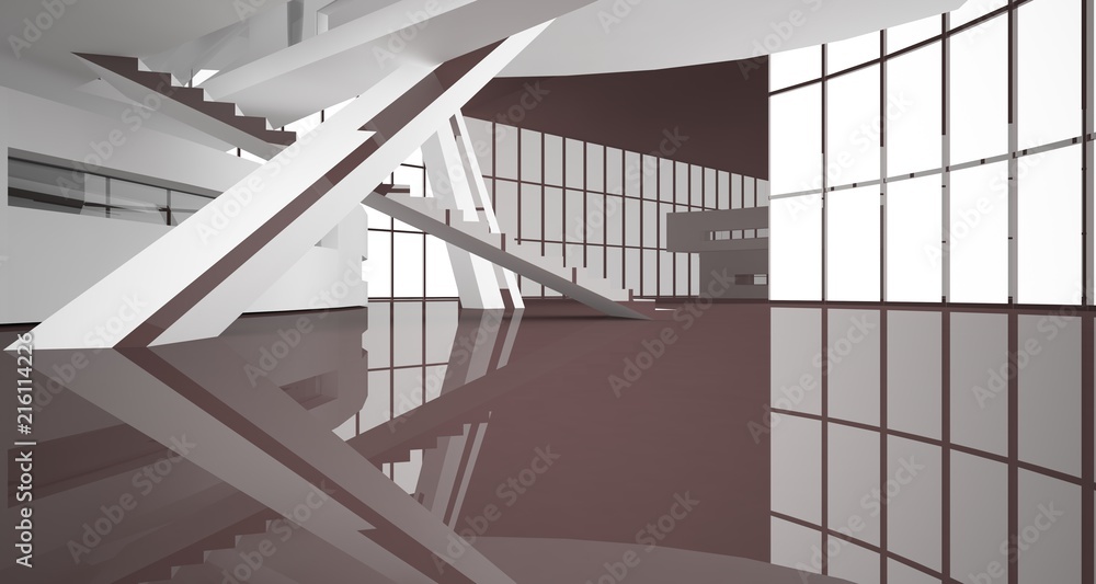 Fototapeta premium Abstract white and brown interior multilevel public space with window. 3D illustration and rendering.