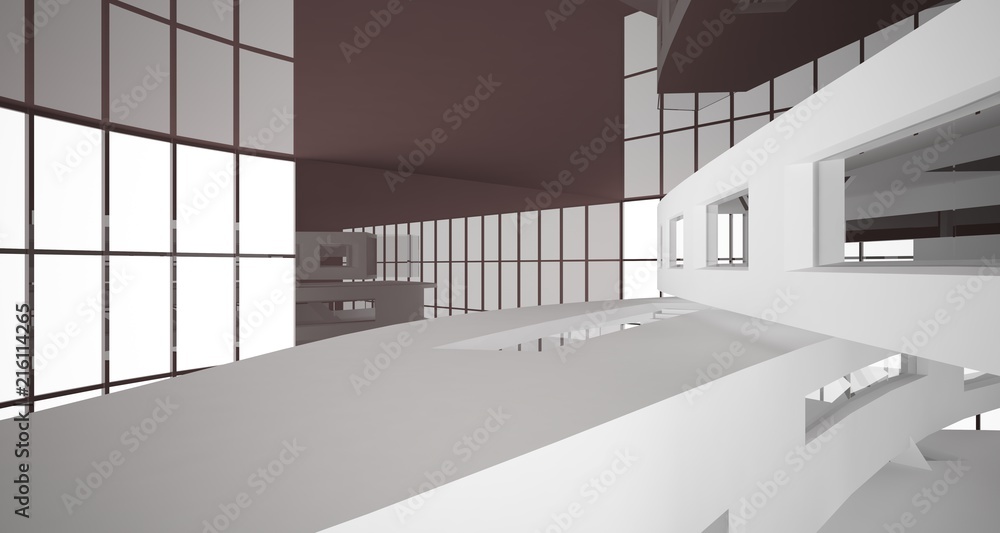 Abstract white and brown interior multilevel public space with window. 3D illustration and rendering. Abstract white and brown interior multilevel public space with window. 3D illustration and rendering.