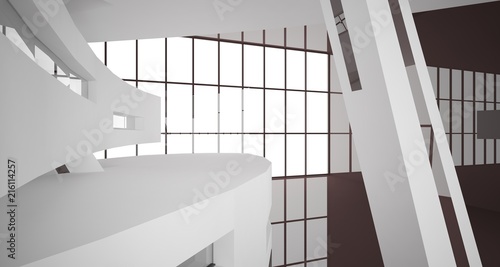 Abstract white and brown interior multilevel public space with window. 3D illustration and rendering.