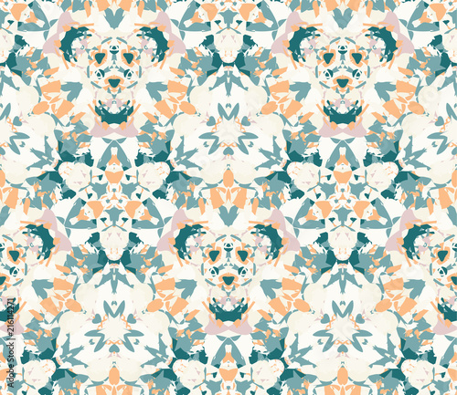 Kaleidoscope seamless pattern, background. Composed of colored abstract shapes. Useful as design element for texture and artistic compositions.