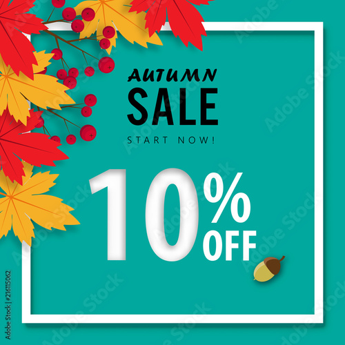 autumn sale banner background ,ten percent sale off with paper art design vector or illustration