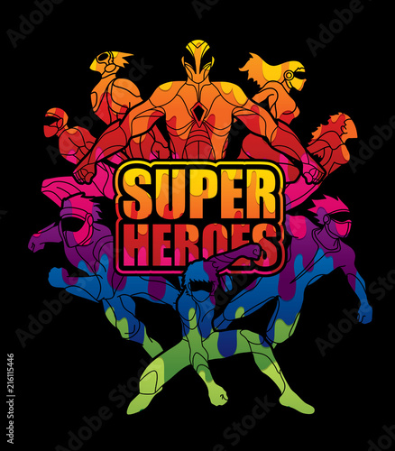 Group of Super Heroes action with text super heroes graphic vector