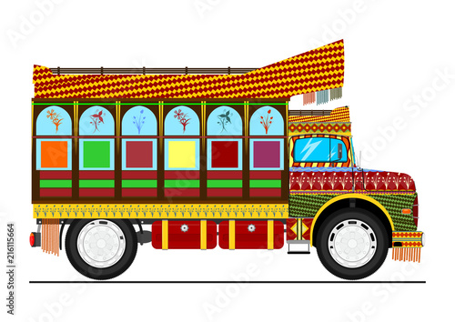 Jingle truck. Retro cartoon Indian decorated truck. Flat vector.