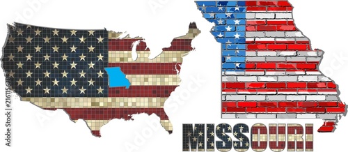 USA state of Missouri on a brick wall - Illustration,
The flag of the state of Missouri on brick textured background, 
Font with the United States flag