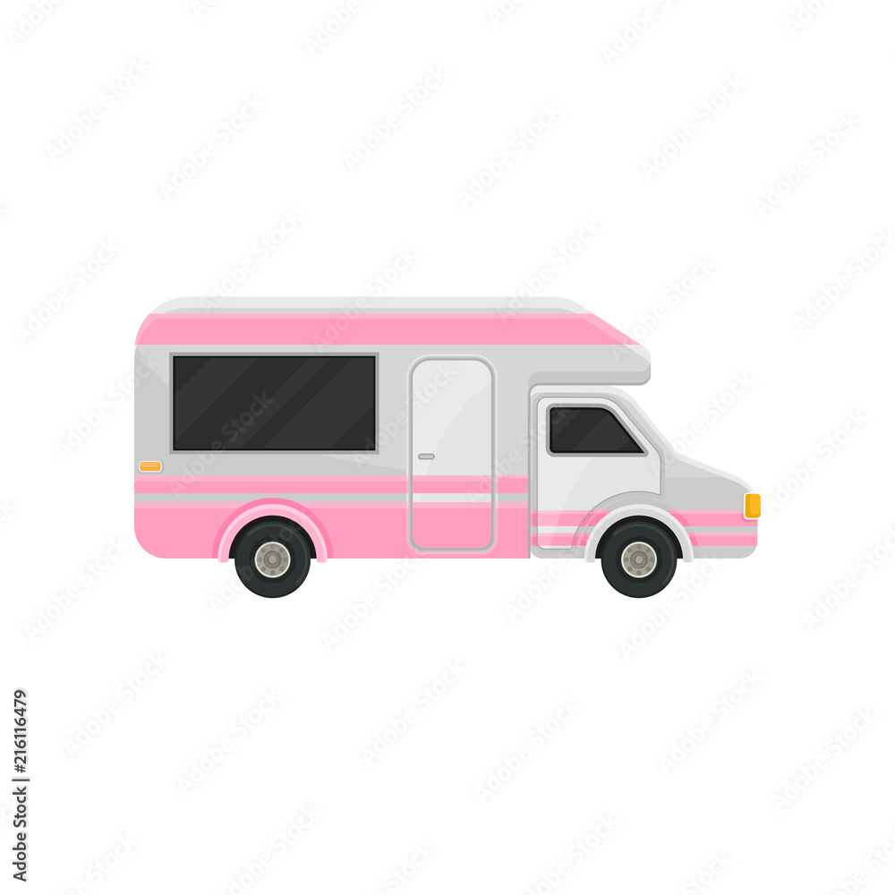 Obraz premium Flat vector icon of camper truck. Gray van with bright pink stripes and black tinted windows. Motor vehicle for family travel