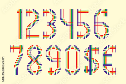 Color lines numbers with dollar and euro symbols in retro style.