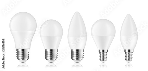 Different kinds of light bulb LED isolated on white background