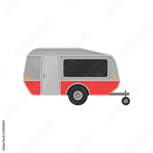 Small gray camper trailer with door and big tinted window, side view. Recreational vehicle. Home of wheels. Flat vector icon