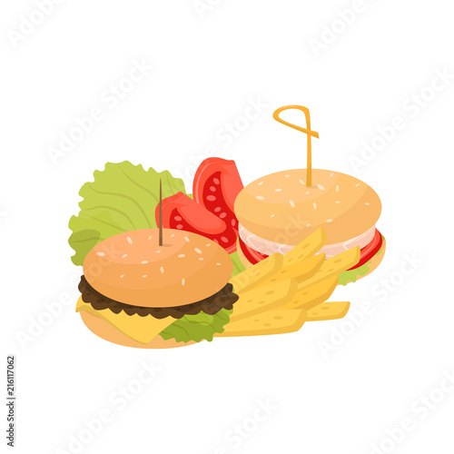 Two burgers, french fries and tomatoes, fast food dish vector Illustration on a white background