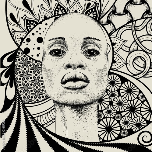 African woman with African in beads, tribal background. Beautiful black woman.  Vector illustration