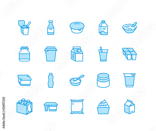 Yogurt packaging flat line icons. Dairy products - milk bottle, cream, kefir, cheese illustrations. Thin blue signs for food store. Pixel perfect 64x64. Editable Strokes.