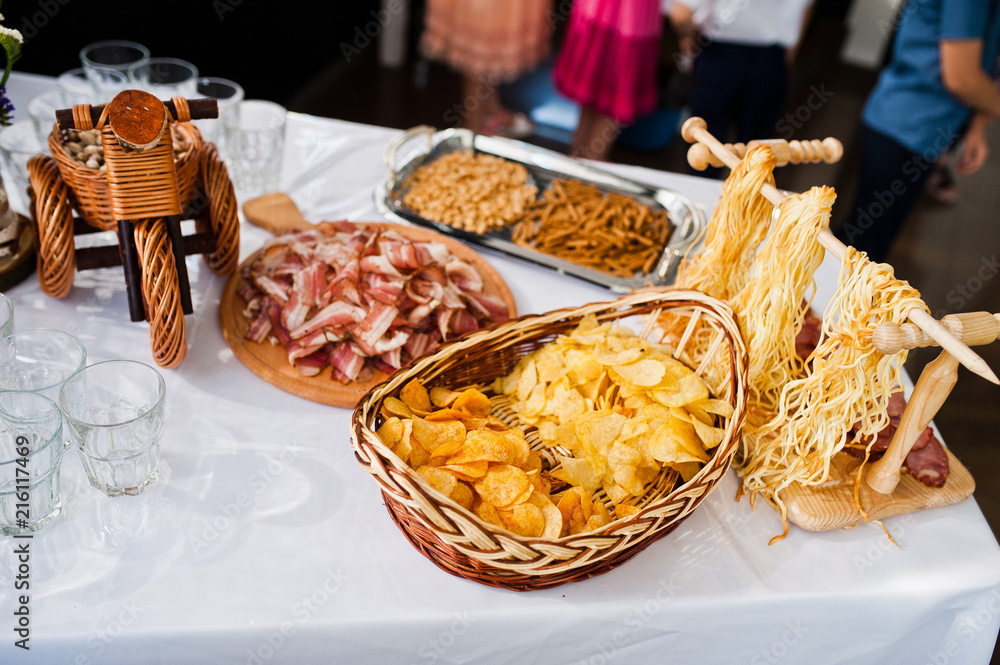 Close-up photo of cheese and meat assortment and other salty snacks on the wedding buffet.