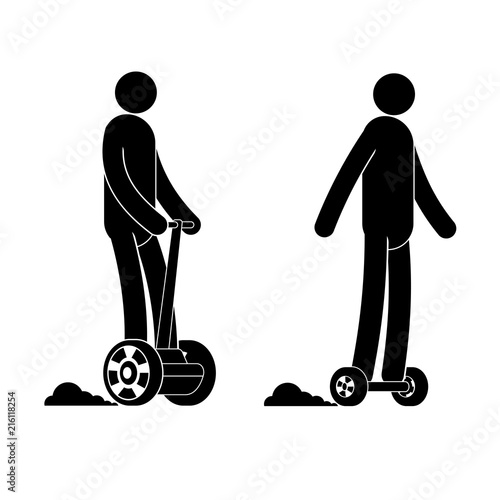 Pictogram  man riding segway and hoverboard. People icon. Individual transport. 