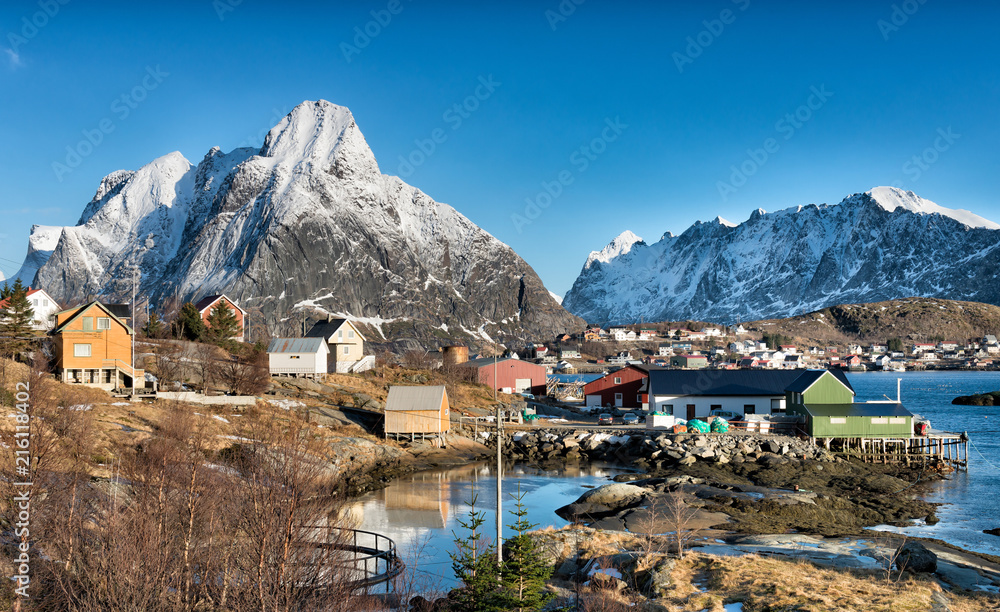 Mount Olstind with Reine town in the foreground