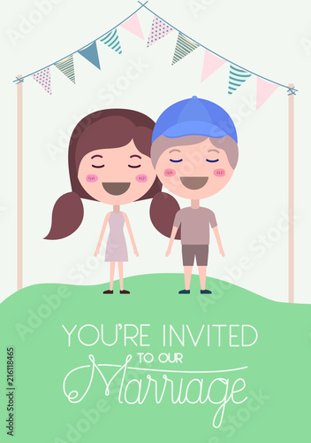 wedding invitation card with couple characters and garlands party