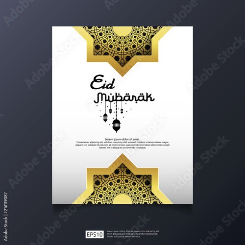 Eid al Adha or Fitr Mubarak islamic greeting card, cover, flyer design. abstract mandala with pattern ornament and hanging lantern element. background Vector illustration