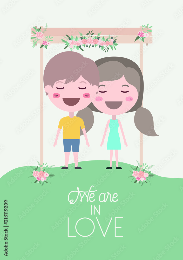 wedding invitation card with couple in wooden frame and flowers wedding invitation card with couple in wooden frame and flowers