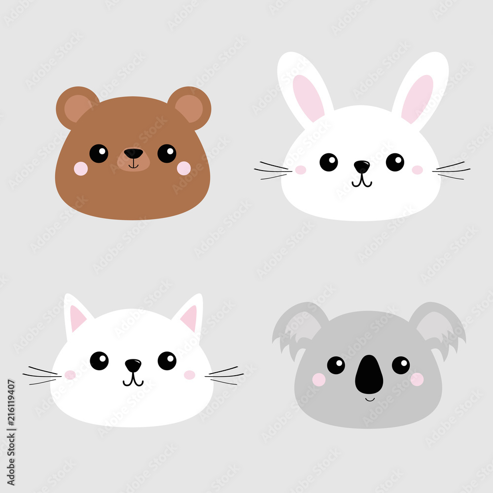 Koala, bear grizzly, rabbit, hare, cat kitten head face icon set. Pink cheeks. Cute cartoon character. Pet baby animal collection. Flat design. Gray background. Koala, bear grizzly, rabbit, hare, cat kitten head face icon set. Pink cheeks. Cute cartoon character. Pet baby animal collection. Flat design. Gray background.