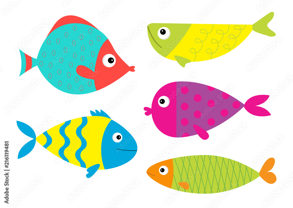 Cute cartoon fish icon set. Isolated. Baby kids collection. Colorful aquarium animals. White background. Flat design Cute cartoon fish icon set. Isolated. Baby kids collection. Colorful aquarium animals. White background. Flat design