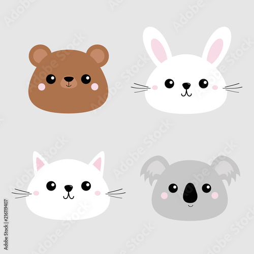 Koala, bear grizzly, rabbit, hare, cat kitten head face icon set. Pink cheeks. Cute cartoon character. Pet baby animal collection. Flat design. Gray background.