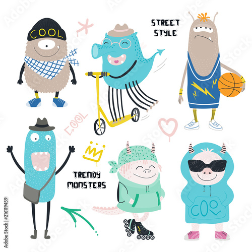 Set of cute funny different modern city monsters in street style clothes, with text, graffiti tags. Isolated objects on white background. Hand drawn vector illustration. Design concept children print.