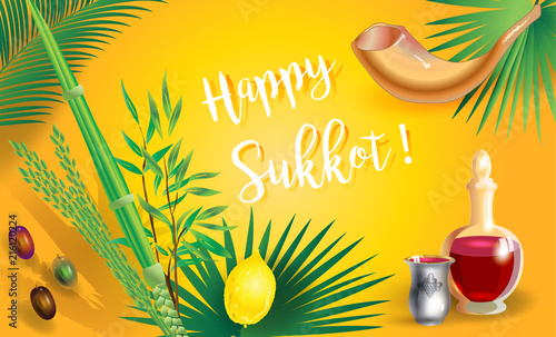 Sukkot Festival greeting card Hebrew text - Happy Sukkot! Lulav, etrog, shofar, palm tree leaves frame. Trendy design Jewish Holiday Rosh Hashana Shana Tova, Sukkot, Yom Kippur, Israel Jerusalem