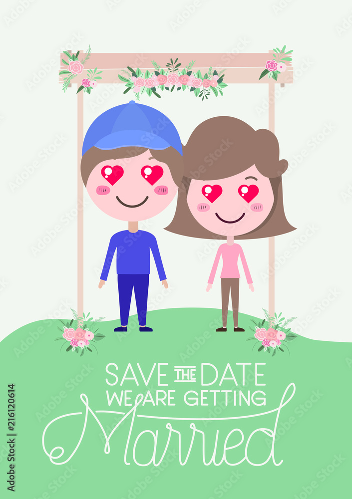 wedding invitation card with couple in wooden frame and flowers wedding invitation card with couple in wooden frame and flowers